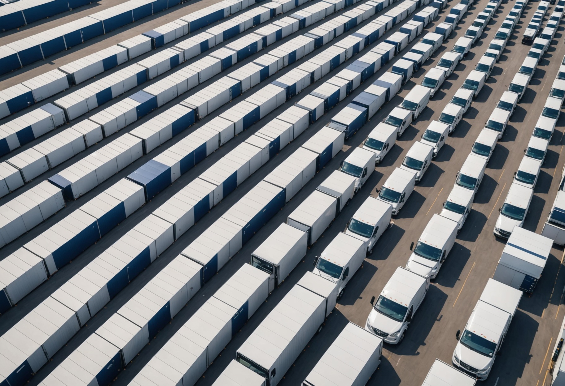 Aerial view of a logistics distribution facility with a fleet of trucks